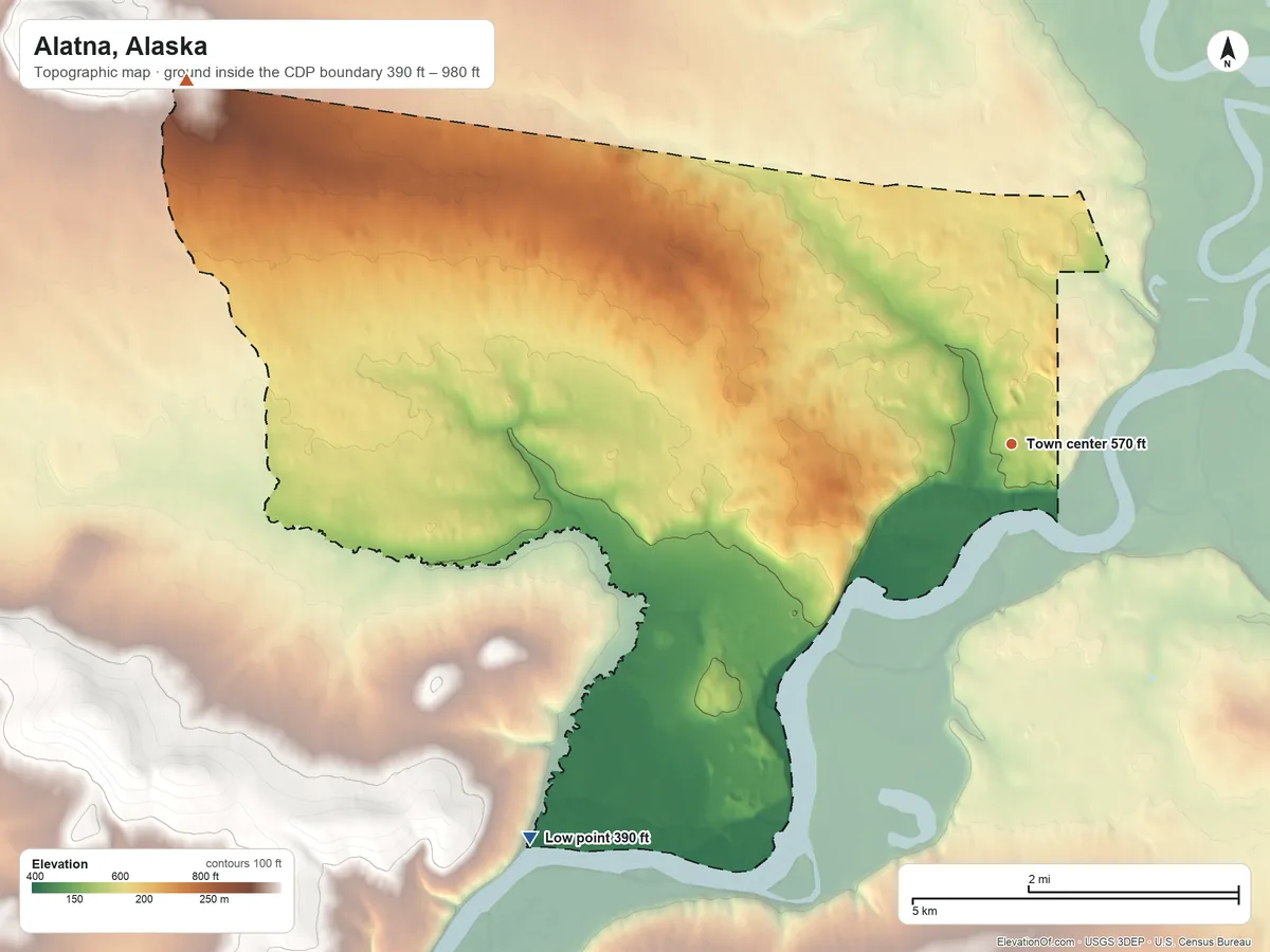 Topographic elevation map of Alatna, Alaska, shaded from 390 ft on the southwest side to 980 ft on the northwest edge, below higher ground just outside