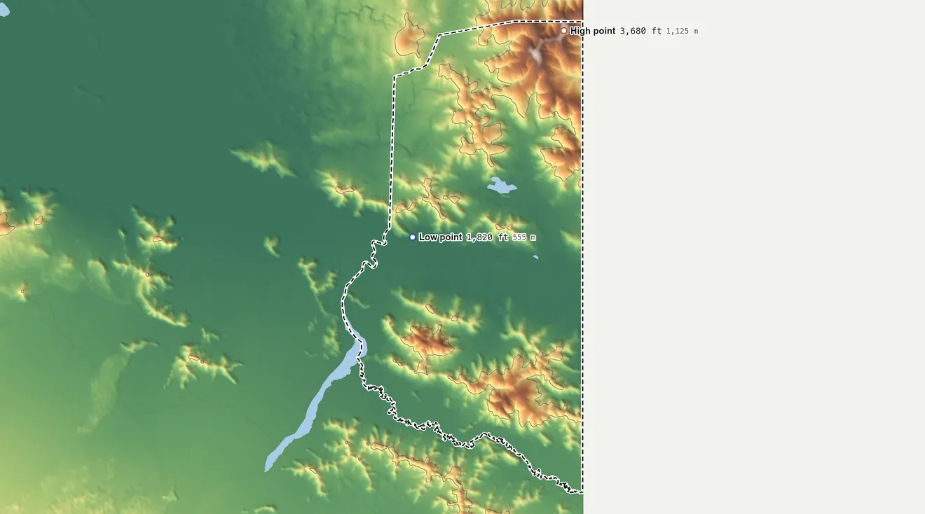 Topographic elevation map of Alcan Border, Alaska, shaded from 1,820 ft on the northwest side to 3,680 ft on the north side