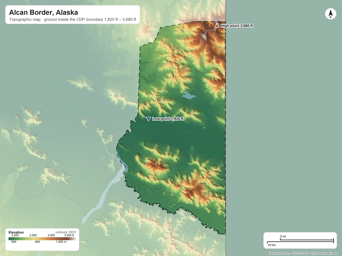 Topographic elevation map of Alcan Border, Alaska, shaded from 1,820 ft on the northwest side to 3,680 ft on the north side
