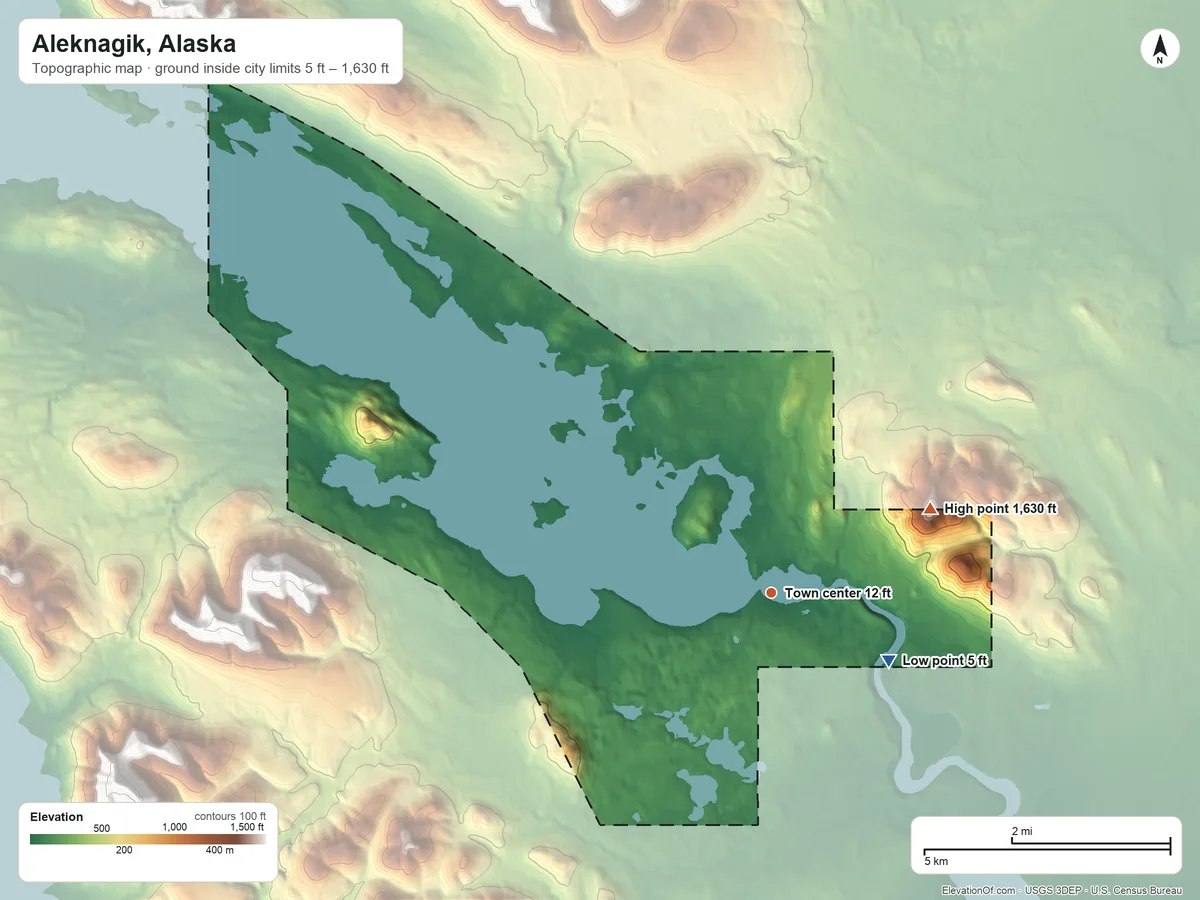 Topographic elevation map of Aleknagik, Alaska, shaded from 5 ft on the southeast side to 1,630 ft on Marsh Mountain