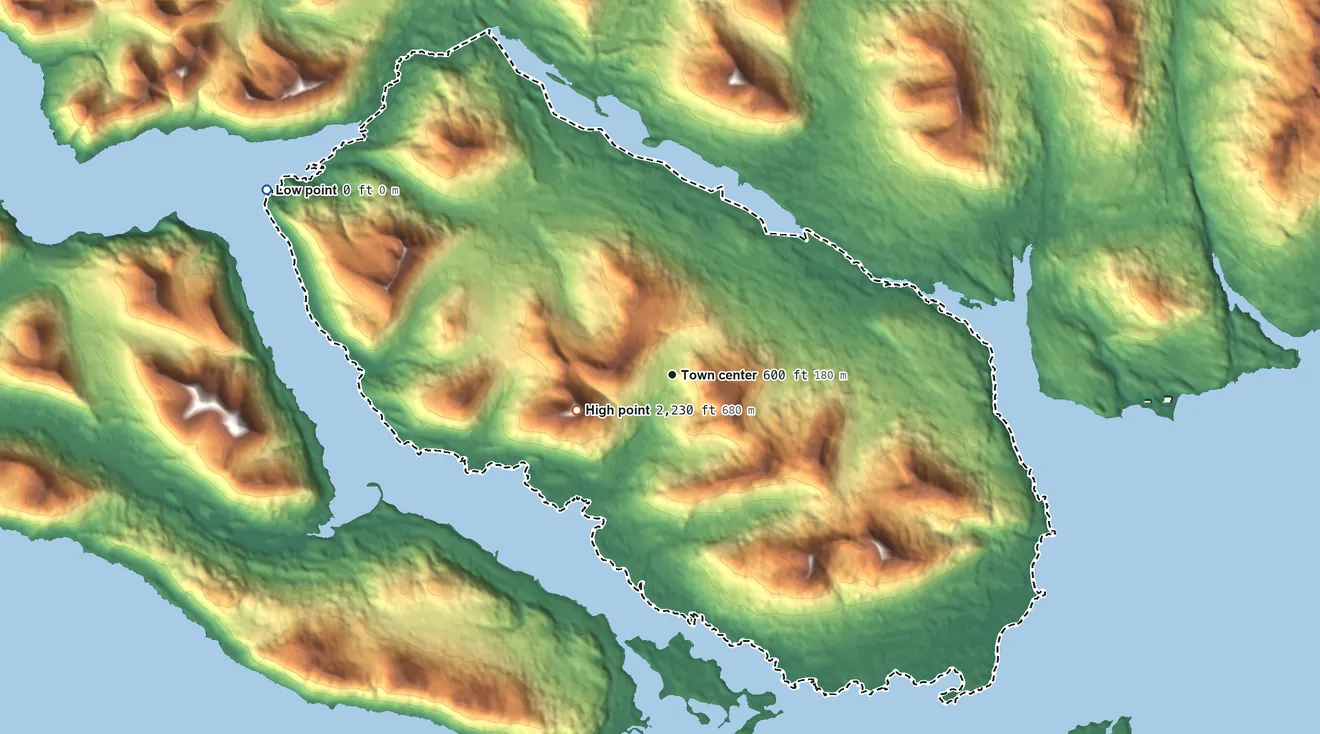 Topographic elevation map of Aleneva, Alaska, shaded from sea level level on Muskomee Bay to 2,230 ft near the middle