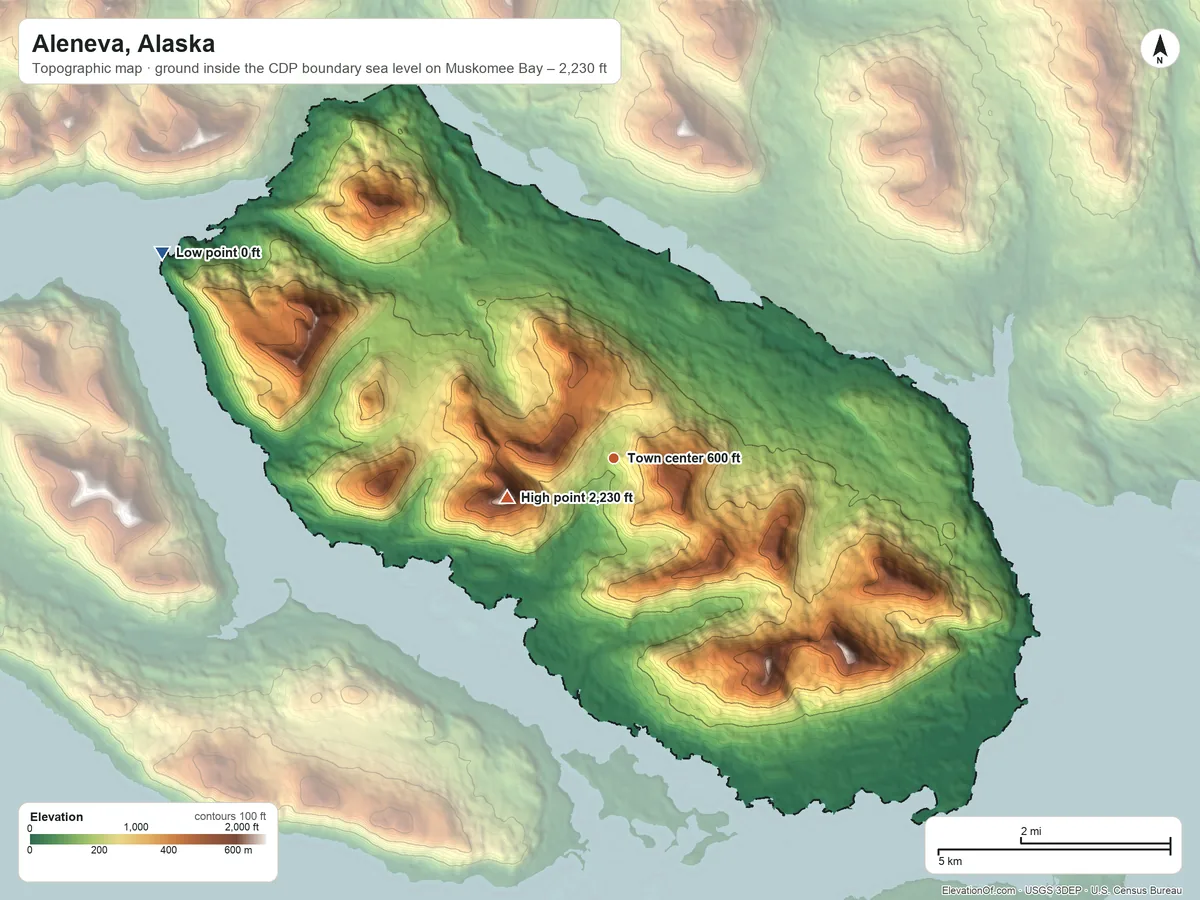 Topographic elevation map of Aleneva, Alaska, shaded from sea level level on Muskomee Bay to 2,230 ft near the middle