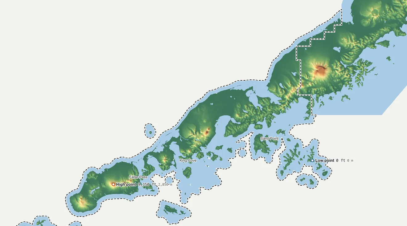 Topographic elevation map of Aleutians East Borough, Alaska, shaded from sea level on the Pacific Ocean to 9,350 ft on Shishaldin Volcano