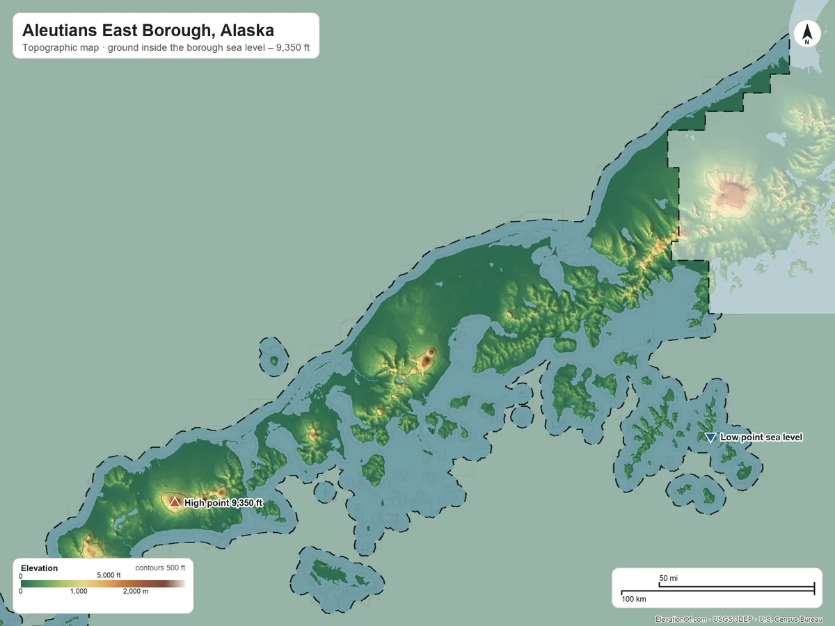Topographic elevation map of Aleutians East Borough, Alaska, shaded from sea level on the Pacific Ocean to 9,350 ft on Shishaldin Volcano