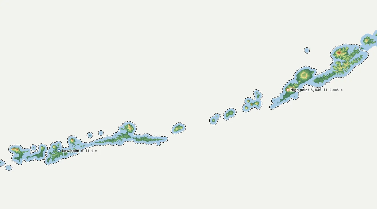 Topographic elevation map of Aleutians West Census Area, Alaska, shaded from sea level on Finger Bay to 6,840 ft on Mount Vsevidof