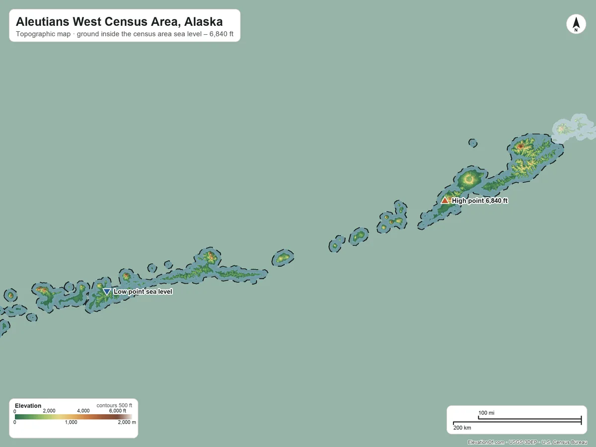 Topographic elevation map of Aleutians West Census Area, Alaska, shaded from sea level on Finger Bay to 6,840 ft on Mount Vsevidof