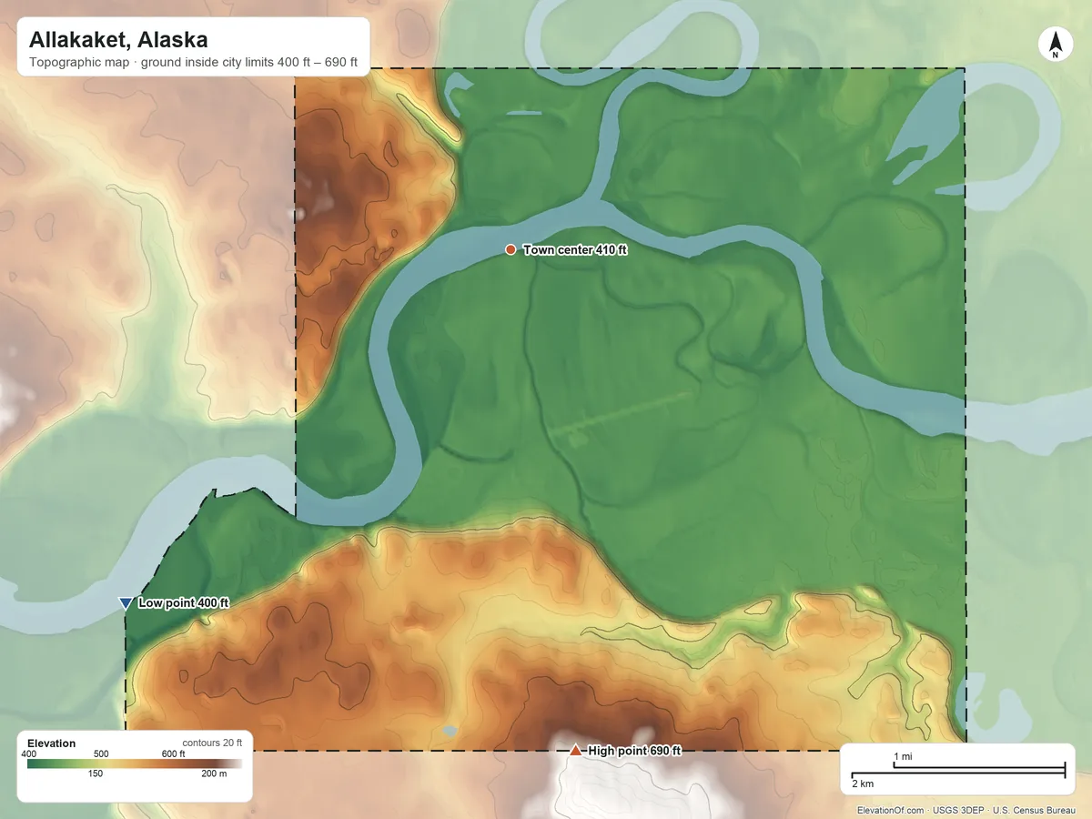 Topographic elevation map of Allakaket, Alaska, shaded from 400 ft on the southwest side to 690 ft on the south side