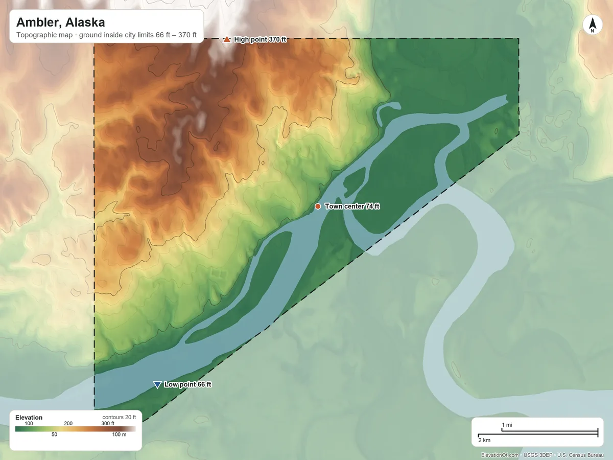 Topographic elevation map of Ambler, Alaska, shaded from 66 ft on the southwest side to 370 ft at the foot of the Manuilyisat Hills