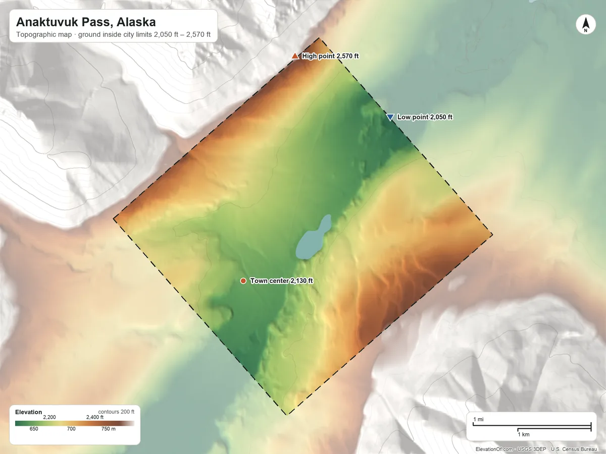 Topographic elevation map of Anaktuvuk Pass, Alaska, shaded from 2,050 ft on the northeast side to 2,570 ft on the north edge, below higher ground just outside
