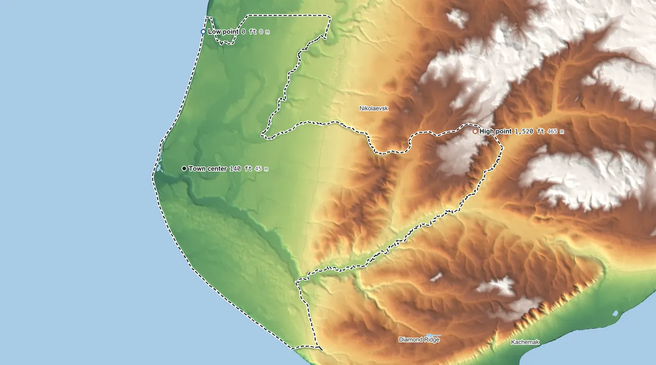 Topographic elevation map of Anchor Point, Alaska, shaded from sea level level on Cook Inlet to 1,520 ft on the east side