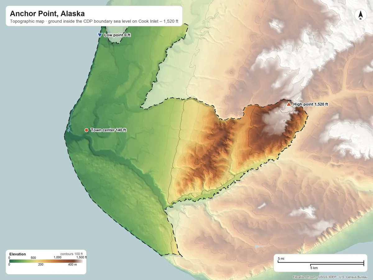 Topographic elevation map of Anchor Point, Alaska, shaded from sea level level on Cook Inlet to 1,520 ft on the east side
