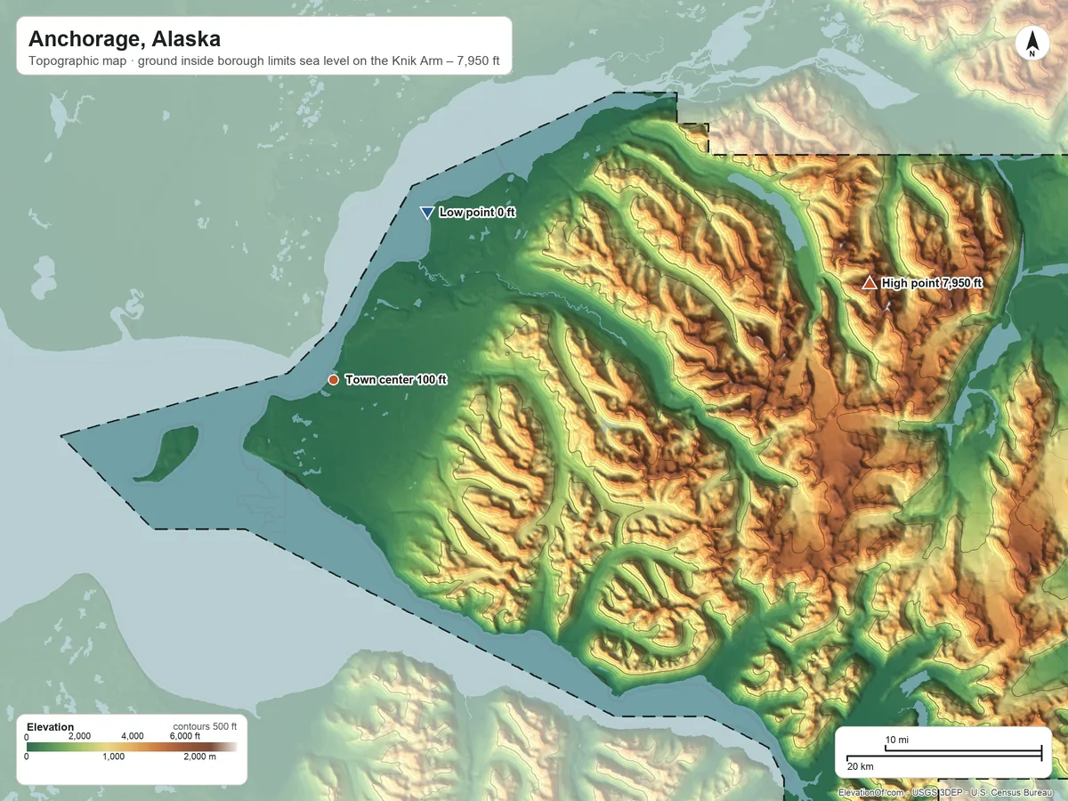 Topographic elevation map of Anchorage, Alaska, shaded from sea level level on the Knik Arm to 7,950 ft on Bashful Peak