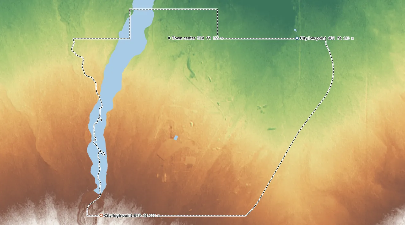 Topographic elevation map of Anderson, Alaska, shaded from 480 ft on the east side to 670 ft on the south side