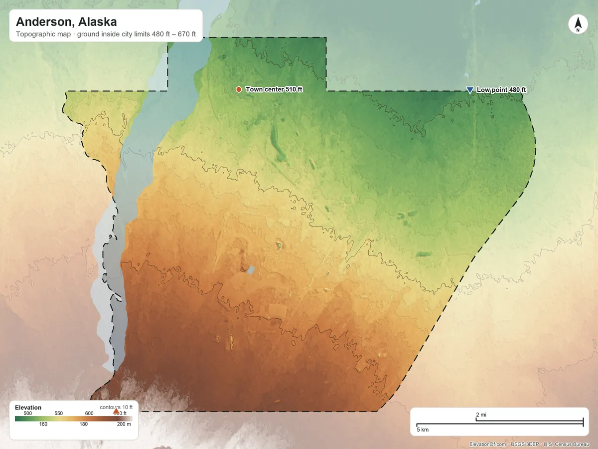 Topographic elevation map of Anderson, Alaska, shaded from 480 ft on the east side to 670 ft on the south side