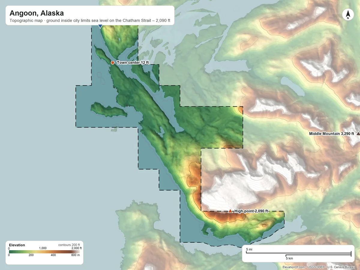 Topographic elevation map of Angoon, Alaska, shaded from sea level level on the Chatham Strait to 2,090 ft on the southeast edge, below higher ground just outside
