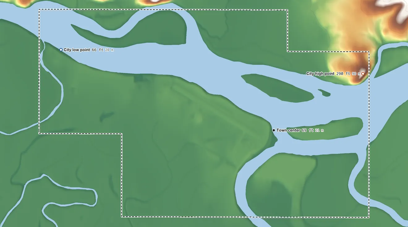 Topographic elevation map of Aniak, Alaska, shaded from 66 ft on the west side to 290 ft at the foot of the Russian Mountains