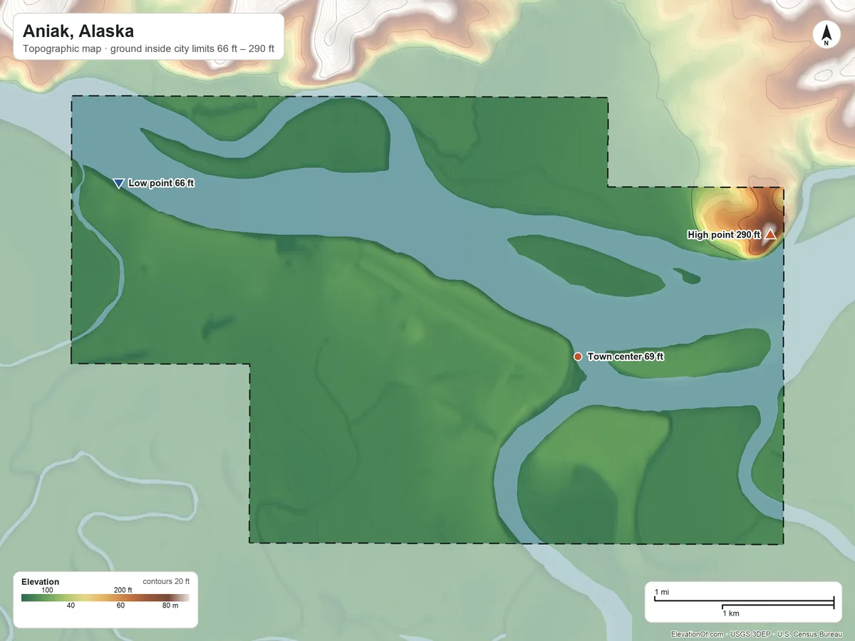 Topographic elevation map of Aniak, Alaska, shaded from 66 ft on the west side to 290 ft at the foot of the Russian Mountains