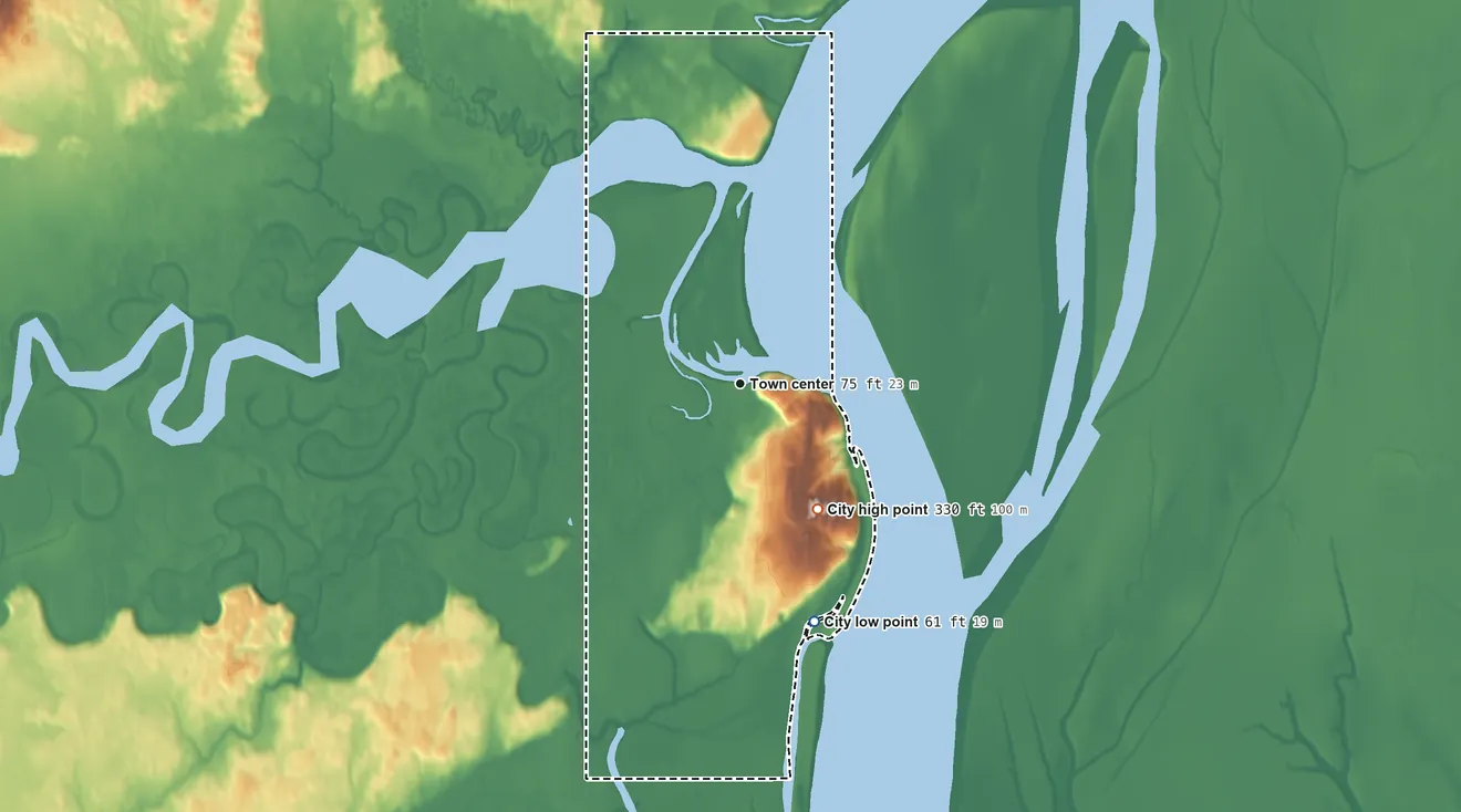 Topographic elevation map of Anvik, Alaska, shaded from 61 ft on the south side to 330 ft on the southeast side