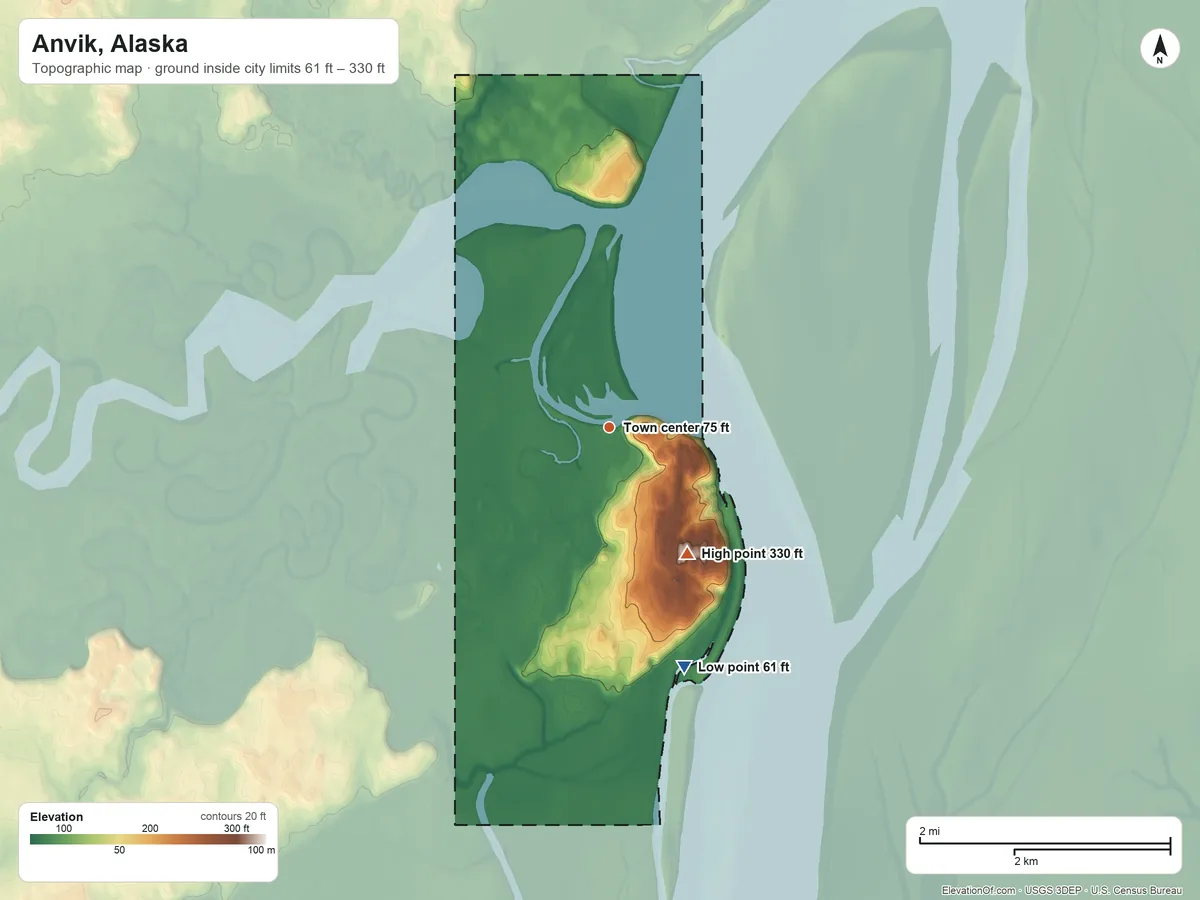 Topographic elevation map of Anvik, Alaska, shaded from 61 ft on the south side to 330 ft on the southeast side