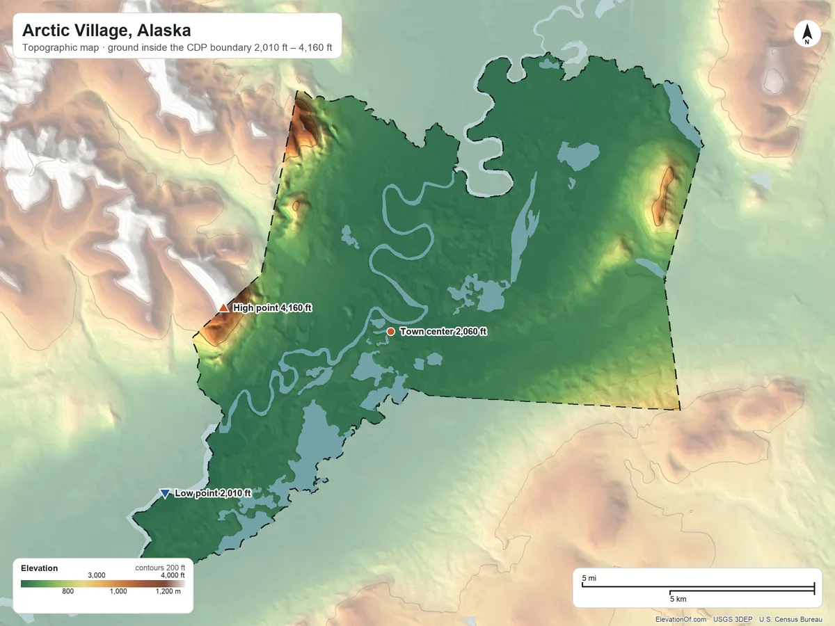 Topographic elevation map of Arctic Village, Alaska, shaded from 2,010 ft on the southwest side to 4,160 ft on the west edge, below higher ground just outside