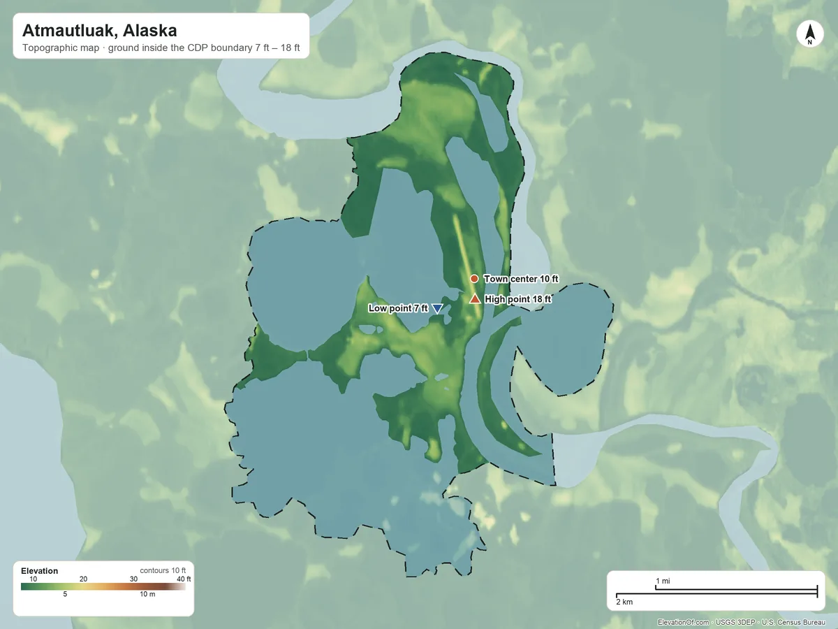 Topographic elevation map of Atmautluak, Alaska, shaded from 7 ft near the middle to 18 ft near the middle
