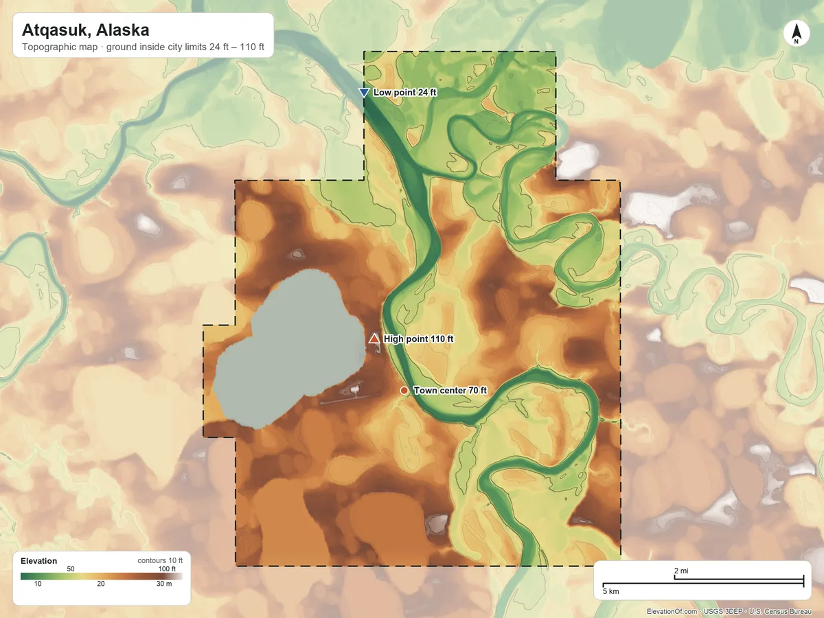 Topographic elevation map of Atqasuk, Alaska, shaded from 24 ft on the north side to 110 ft near the middle