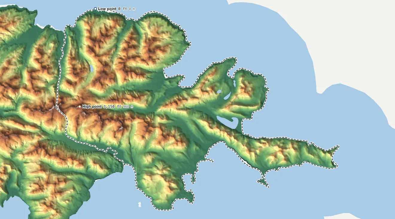 Topographic elevation map of Attu Station, Alaska, shaded from sea level level on the Pacific Ocean to 3,150 ft on the west side