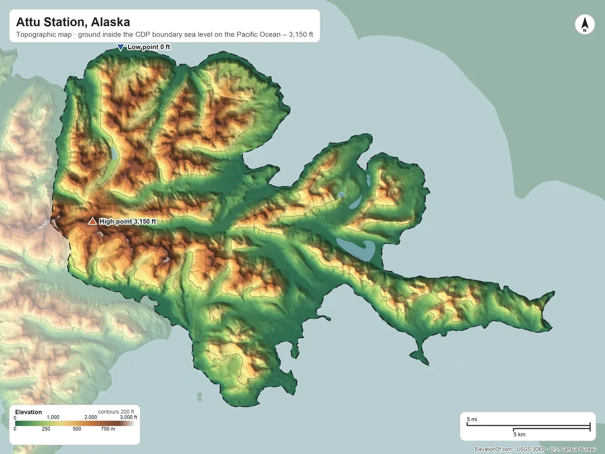 Topographic elevation map of Attu Station, Alaska, shaded from sea level level on the Pacific Ocean to 3,150 ft on the west side