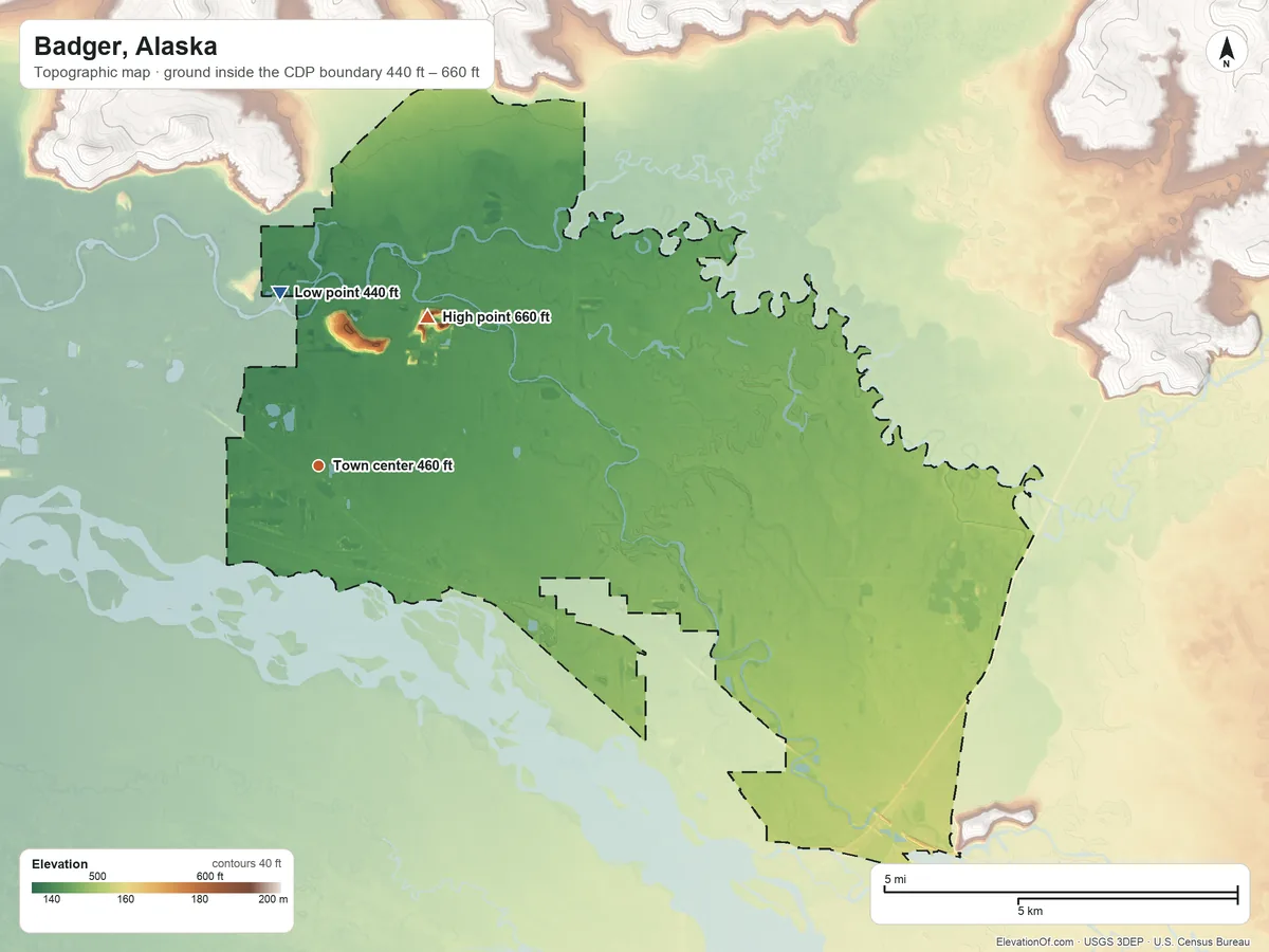 Topographic elevation map of Badger, Alaska, shaded from 440 ft on the north side to 660 ft on Browns Hill