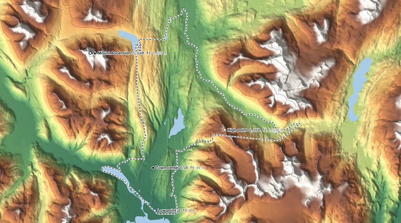 Topographic elevation map of Bear Creek, Alaska, shaded from sea level level on Resurrection Bay to 4,360 ft on Tiehacker Mountain