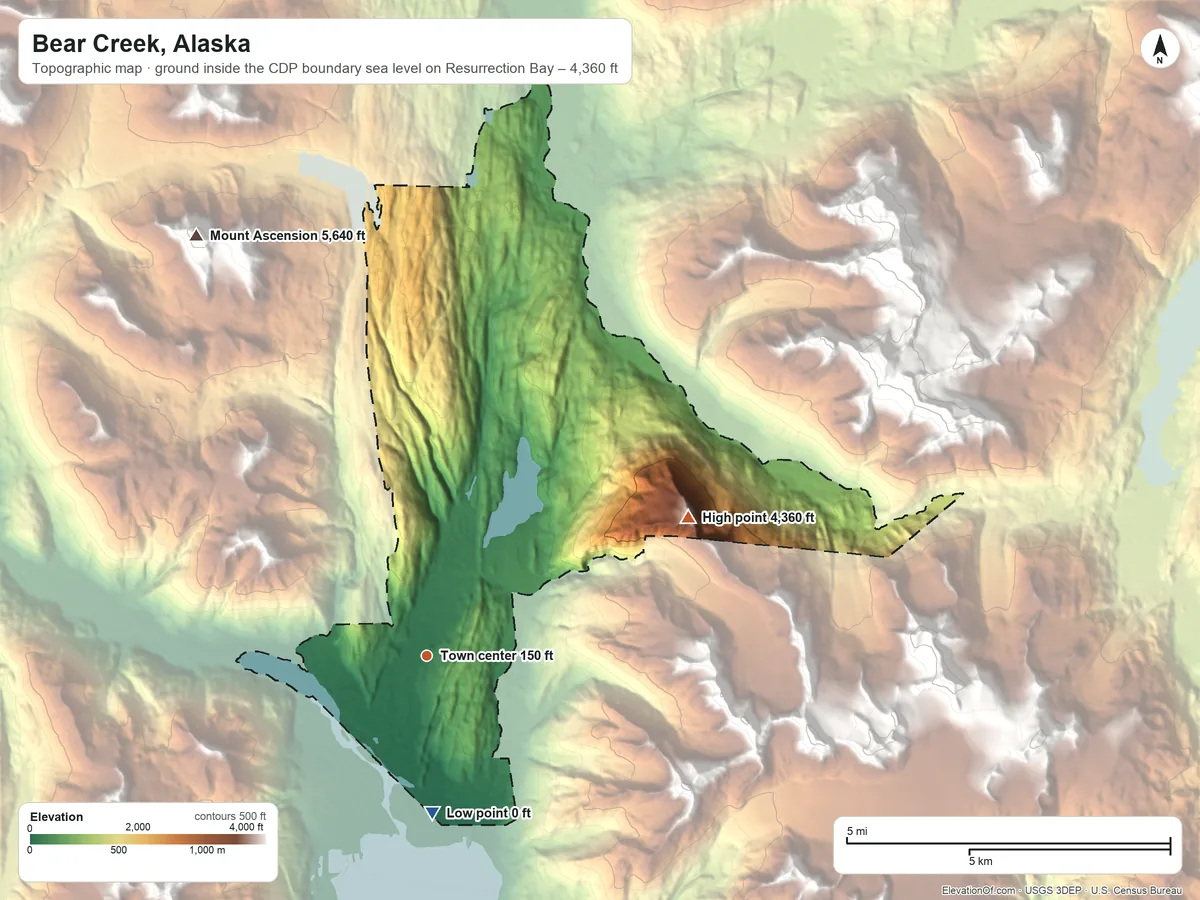 Topographic elevation map of Bear Creek, Alaska, shaded from sea level level on Resurrection Bay to 4,360 ft on Tiehacker Mountain