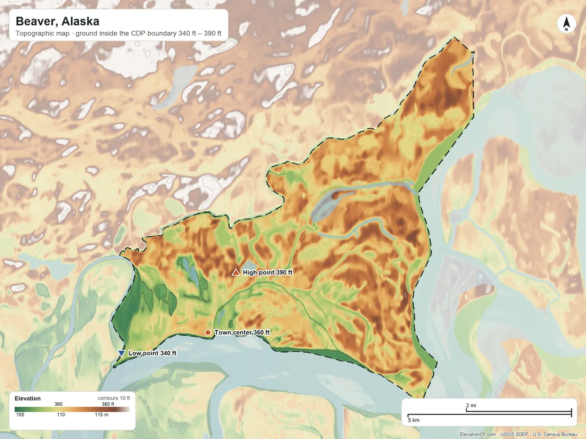 Topographic elevation map of Beaver, Alaska, shaded from 340 ft on the west side to 390 ft on the northeast side