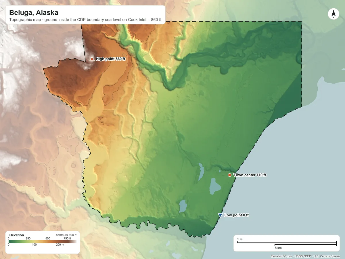 Topographic elevation map of Beluga, Alaska, shaded from sea level level on Cook Inlet to 860 ft on the northwest side