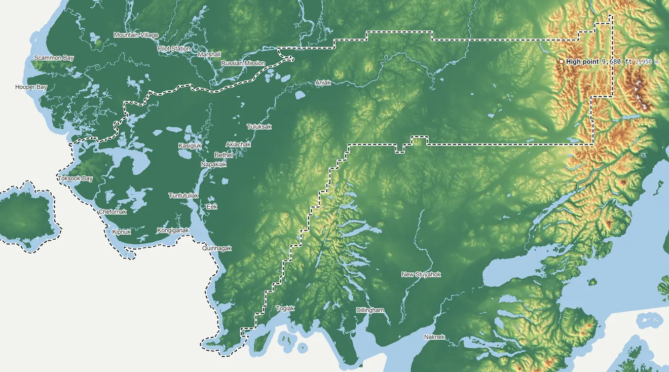 Topographic elevation map of Bethel Census Area, Alaska, shaded from sea level on the Bering Sea to 9,680 ft on Mount Hesperus