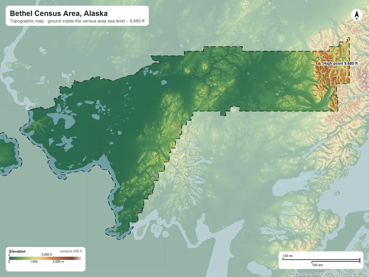 Topographic elevation map of Bethel Census Area, Alaska, shaded from sea level on the Bering Sea to 9,680 ft on Mount Hesperus