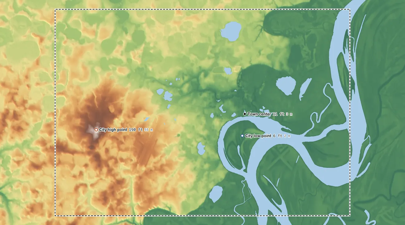 Topographic elevation map of Bethel, Alaska, shaded from 6 ft near the middle to 190 ft on the west side
