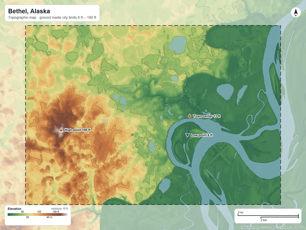 Topographic elevation map of Bethel, Alaska, shaded from 6 ft near the middle to 190 ft on the west side