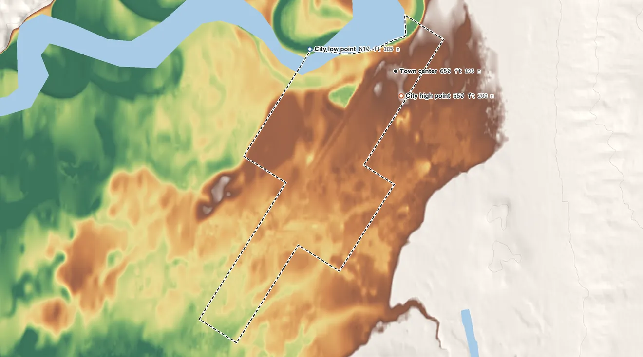 Topographic elevation map of Bettles, Alaska, shaded from 610 ft on the west side to 650 ft near the middle