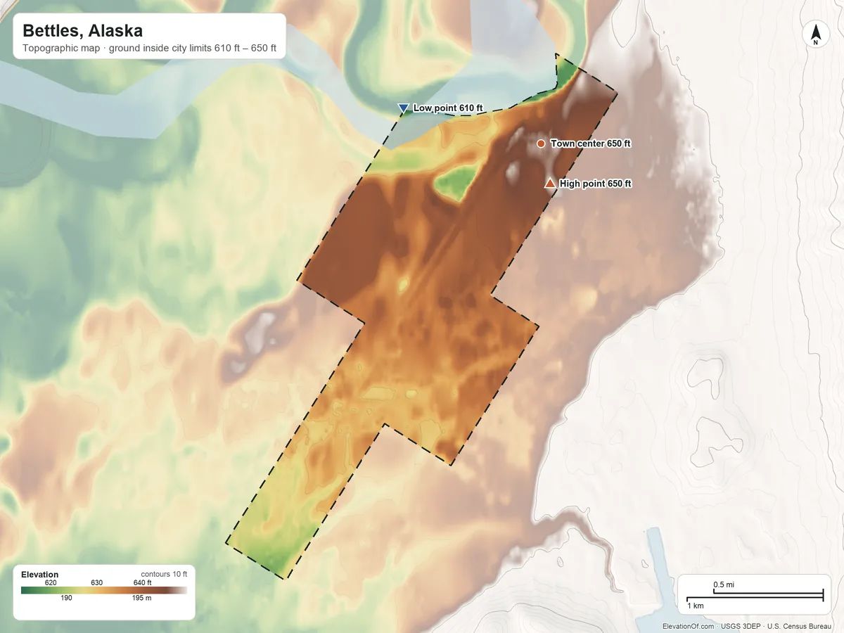 Topographic elevation map of Bettles, Alaska, shaded from 610 ft on the west side to 650 ft near the middle