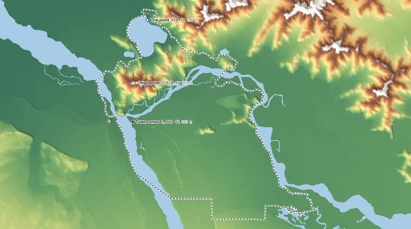 Topographic elevation map of Big Delta, Alaska, shaded from 950 ft on the north side to 1,820 ft on the north side