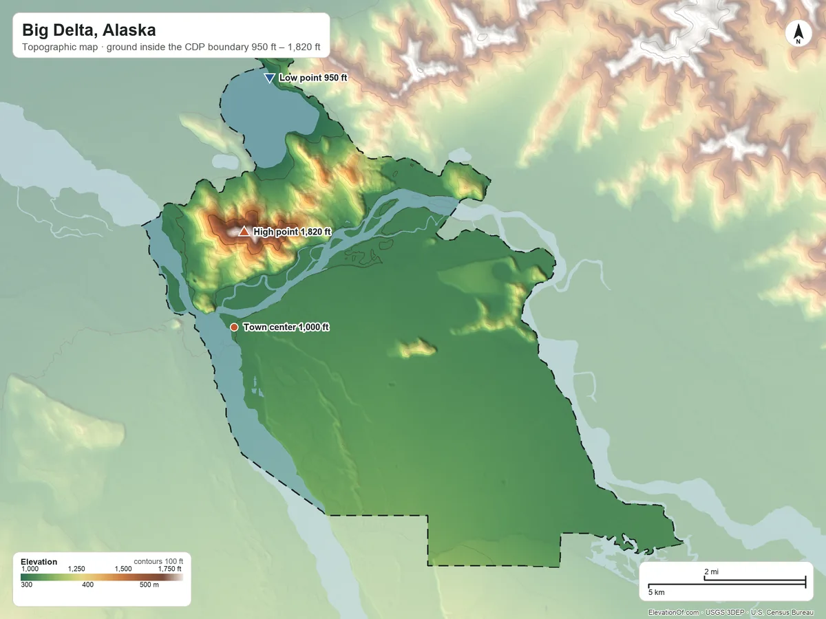 Topographic elevation map of Big Delta, Alaska, shaded from 950 ft on the north side to 1,820 ft on the north side