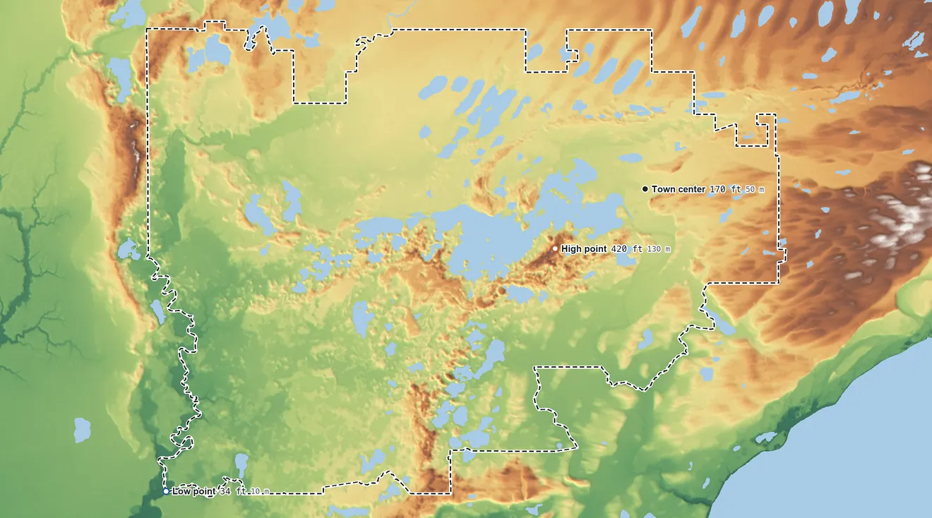 Topographic elevation map of Big Lake, Alaska, shaded from 34 ft on the southwest side to 420 ft on the southwest side