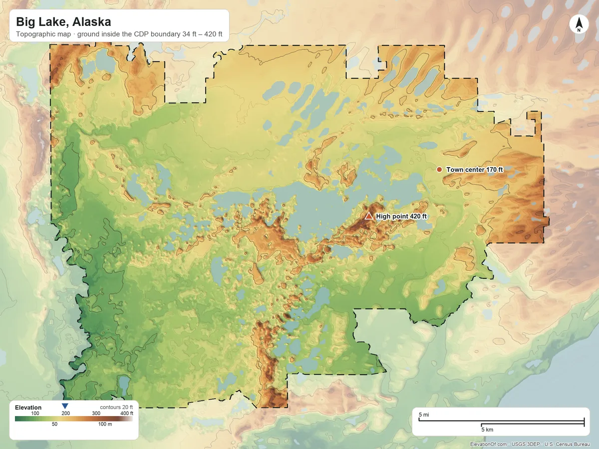 Topographic elevation map of Big Lake, Alaska, shaded from 34 ft on the southwest side to 420 ft on the southwest side