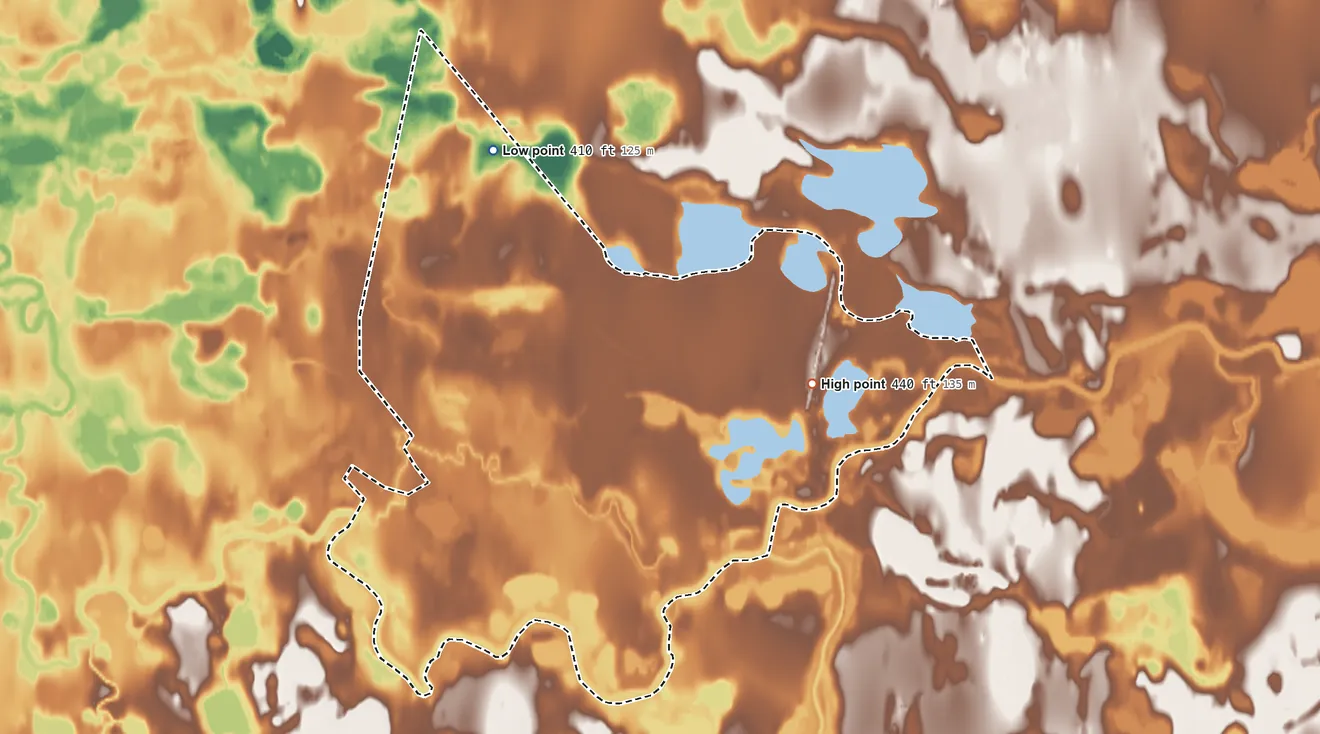 Topographic elevation map of Birch Creek, Alaska, shaded from 410 ft on the north side to 440 ft on the east side