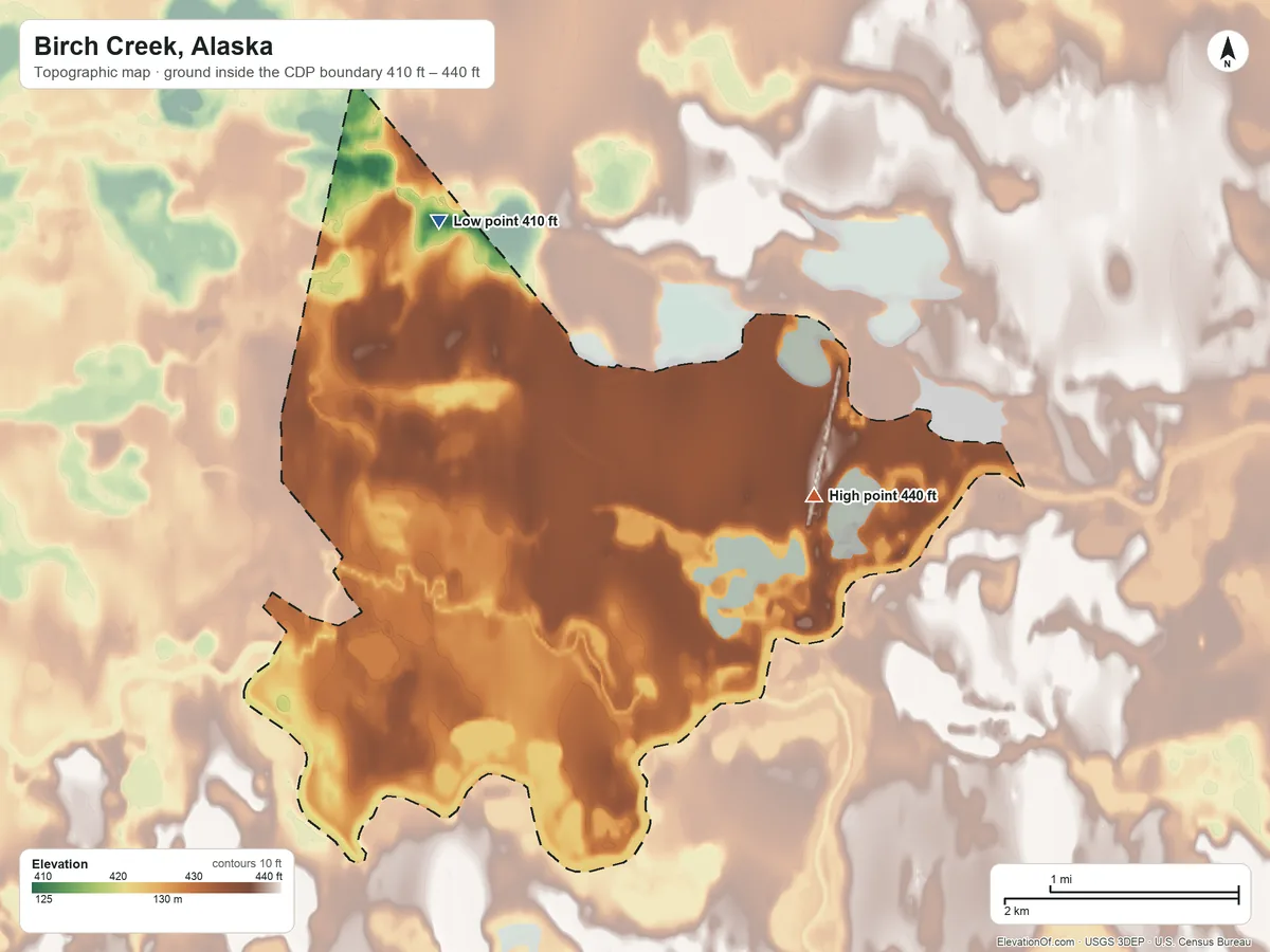 Topographic elevation map of Birch Creek, Alaska, shaded from 410 ft on the north side to 440 ft on the east side