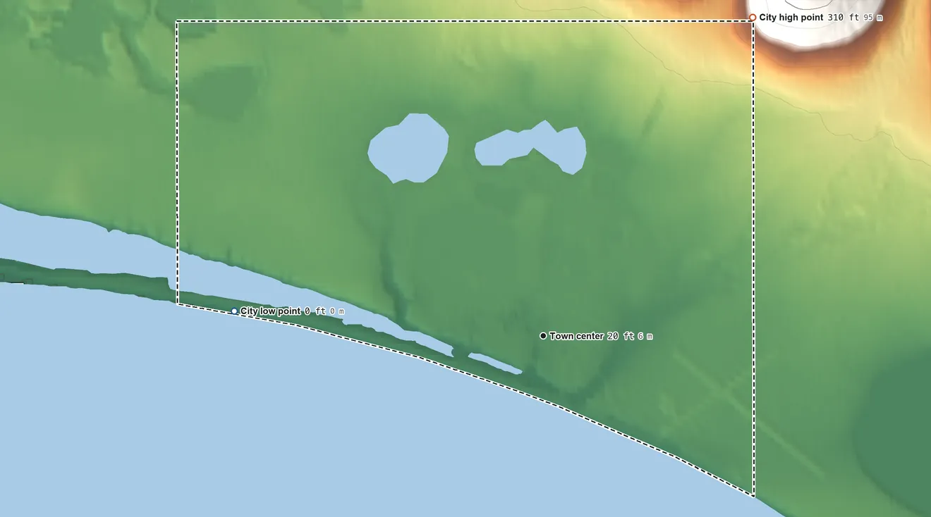 Topographic elevation map of Brevig Mission, Alaska, shaded from sea level level on the Port Clarence to 310 ft at the foot of the Red Mountains