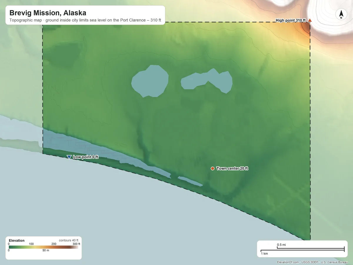 Topographic elevation map of Brevig Mission, Alaska, shaded from sea level level on the Port Clarence to 310 ft at the foot of the Red Mountains