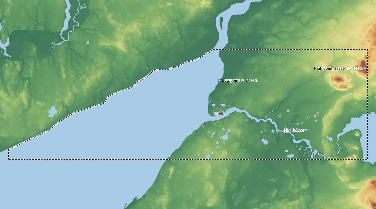 Topographic elevation map of Bristol Bay Borough, Alaska, shaded from sea level on Kvichak Bay to 1,070 ft on the east side