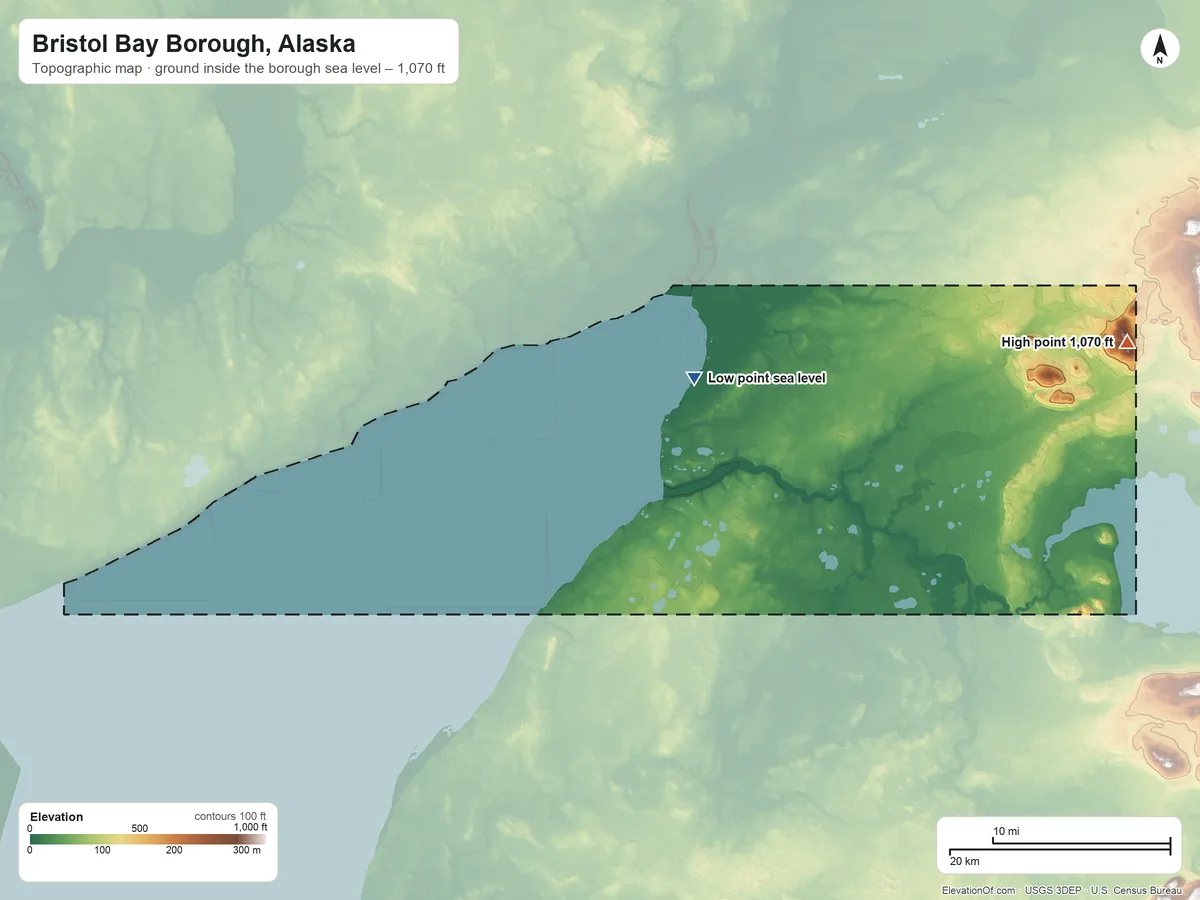 Topographic elevation map of Bristol Bay Borough, Alaska, shaded from sea level on Kvichak Bay to 1,070 ft on the east side