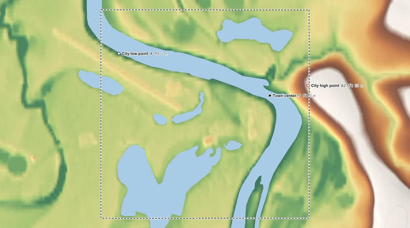 Topographic elevation map of Buckland, Alaska, shaded from 4 ft on the west side to 62 ft on the east side